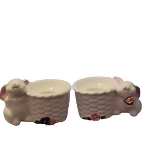 AVON CANDLE HOLDERS Charming Cream Bunnys Baskets Home Accent made In BRAZIL